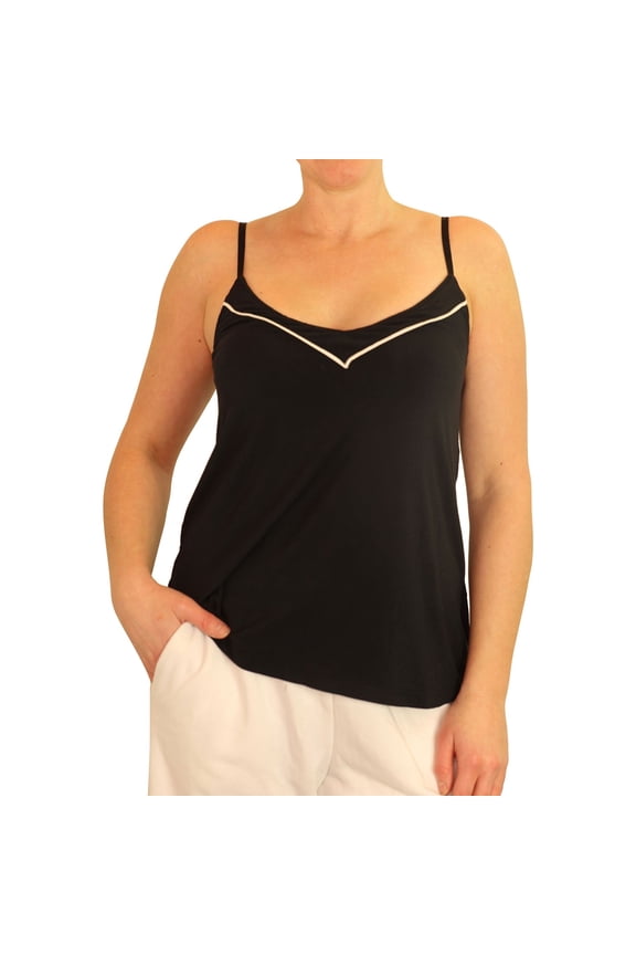 P.J. Salvage Womens Piping V-Neck Pajama Sleep Cami Tank Top, Black, Small