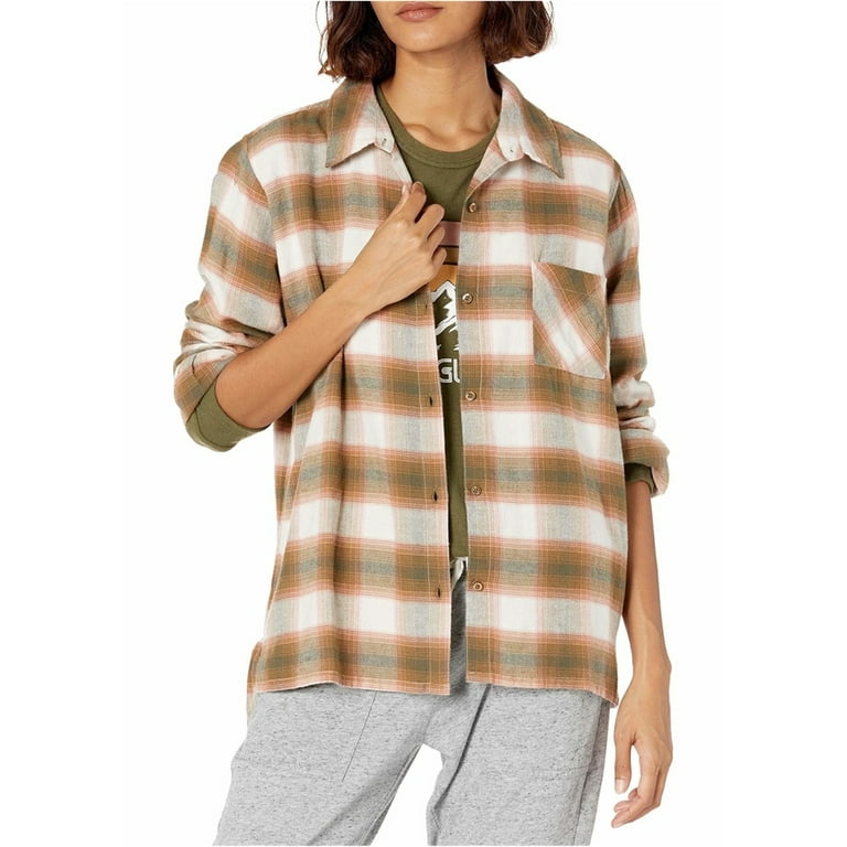 P.J. Salvage Womens Plaid Button Down Pajama Shirt, Brown, Medium 