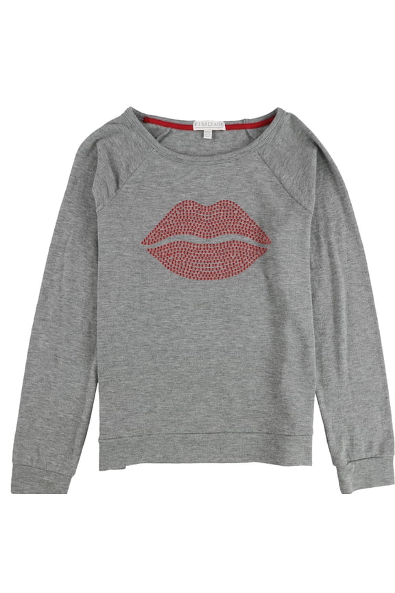 P.J. Salvage Womens Rhinestone Lips Pajama Sweater, Grey, Small