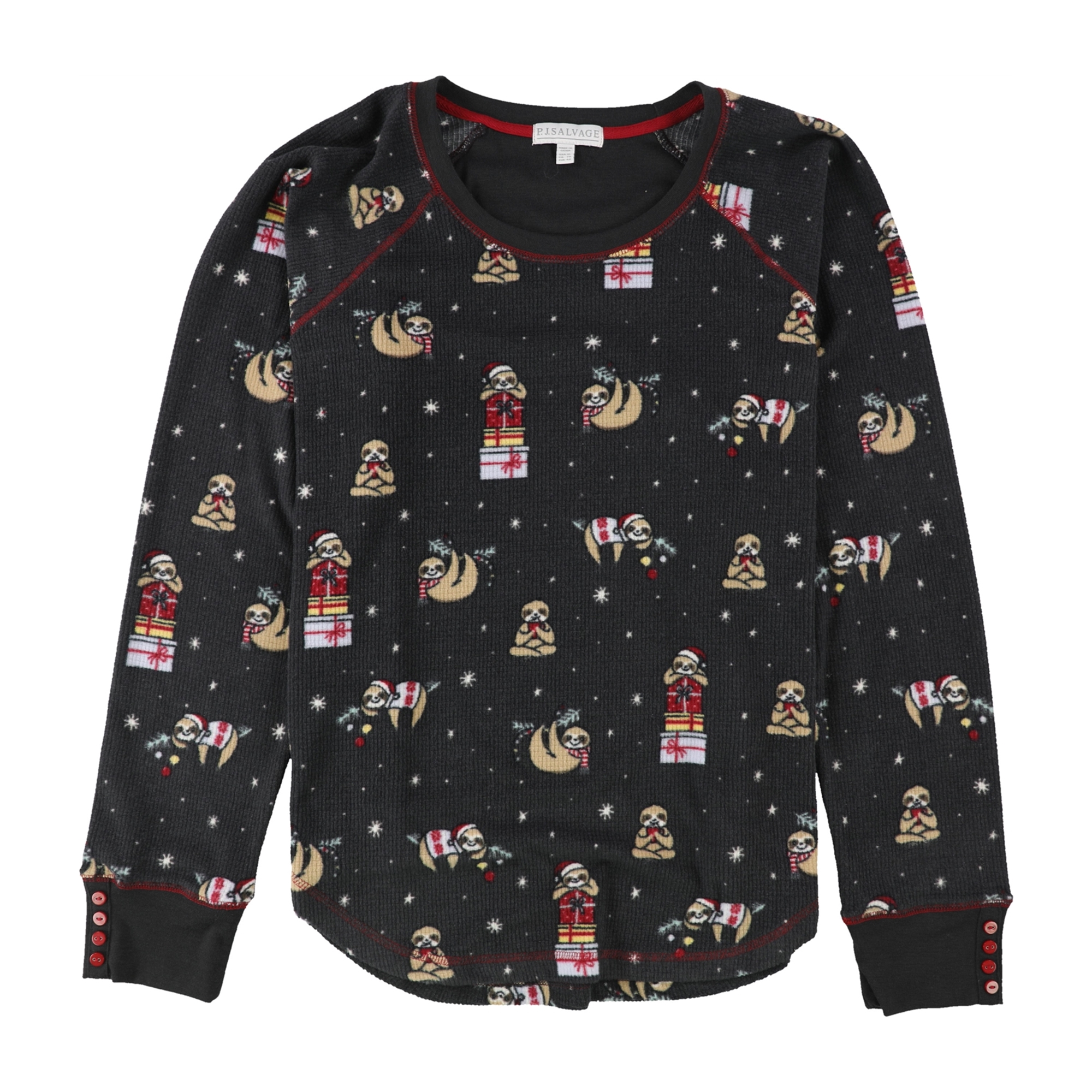 P.J. Salvage Womens Sloth Presents Thermal Pajama Shirt, Grey, Small