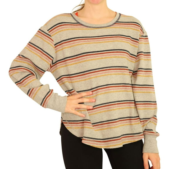 P.J. Salvage Womens Striped Rounded Hem Pajama Sweater, Grey, Small