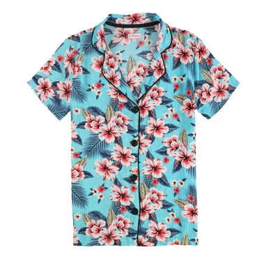 P.J. Salvage Womens Tropical Floral Button Down Pajama Shirt, Blue, Small