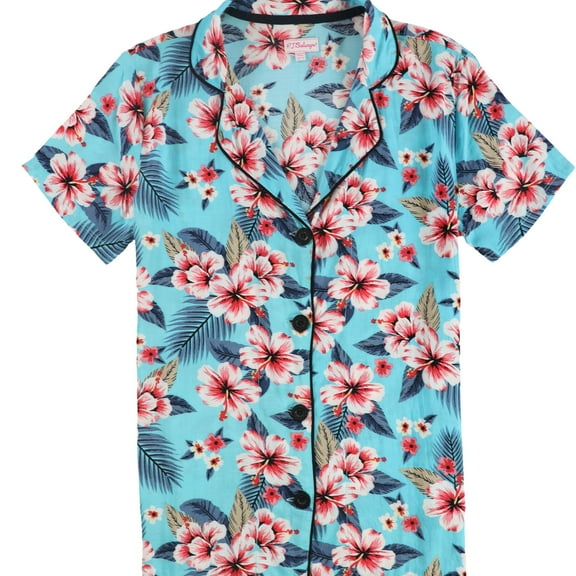 P.J. Salvage Womens Tropical Floral Button Down Pajama Tops, Blue, Small