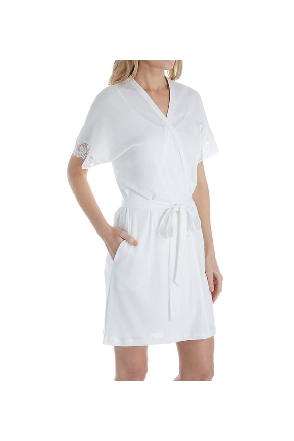 P-Jamas 347709 Pima Cotton Silky Ribs Short Wrap Robe with Lace (White S)