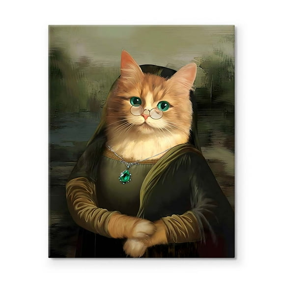 P&L Art Cat Mona Lisa Framed Canvas Wall Art - Quirky Feline Twist on Iconic Art - Fun Home Decor for Living Room, Bedroom & More - Unique Gift