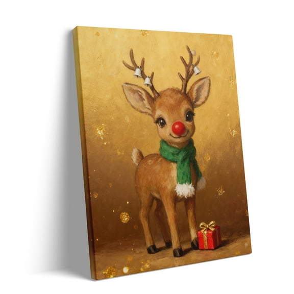 P&L Art Christmas Reindeer Canvas Wall Art, Festive Holiday Decor with Red Nose & Green Scarf, Framed Canvas Print