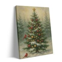 P&L Art Christmas Tree with Cardinals Canvas Wall Art, Festive Holiday Decor with Red Birds & Snowy Ornaments, Framed Canvas Print