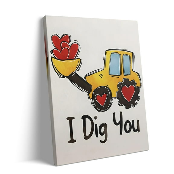P&L Art Framed Canvas Wall Art - 10"x8" Cute Valentine Excavator "I Dig You" Heart Wall Decor