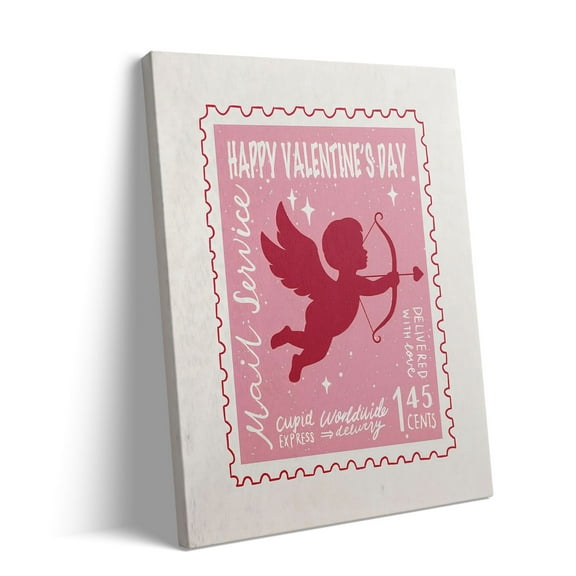 P&L Art Framed Canvas Wall Art - 10"x8" Retro Valentine Cupid Mail Stamp Wall Decor "Happy Valentine's Day"