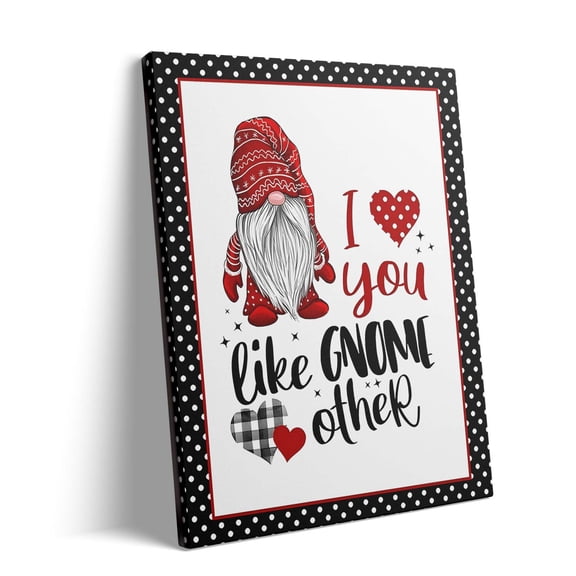 P&L Art Framed Canvas Wall Art - 10"x8" Valentine Gnome "I Love You Like Gnome Other" Polka Dot Plaid Wall Decor