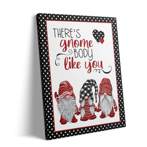 P&L Art Framed Canvas Wall Art - 10"x8" Valentine Gnome "There's Gnome Body Like You" Polka Dot Plaid Wall Decor