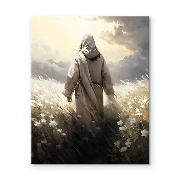P&L Art Framed Canvas Wall Art - 11"x14" Gentle Jesus in Wildflower Field - Warm Faith Wall Decor for Bedroom Accent