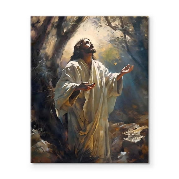 P&L Art Framed Canvas Wall Art - 11"x14" Gentle Praying Jesus in Wooded Glow - Warm Faith Wall Decor for Bedroom Accent