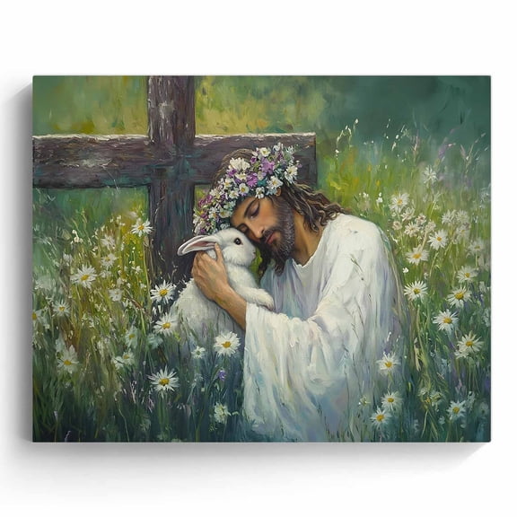 P&L Art Framed Canvas Wall Art - 12"x16" Easter Jesus with White Bunny & Daisy Cross Print - Cozy Bedroom Hallway Christian Decor
