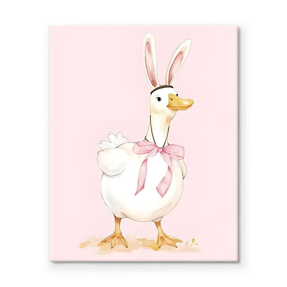 P&L Art Framed Canvas Wall Art - 12"x16" Whimsical Bunny-Eared Duck with Pink Bow Print - Cozy Bedroom Wall Decor