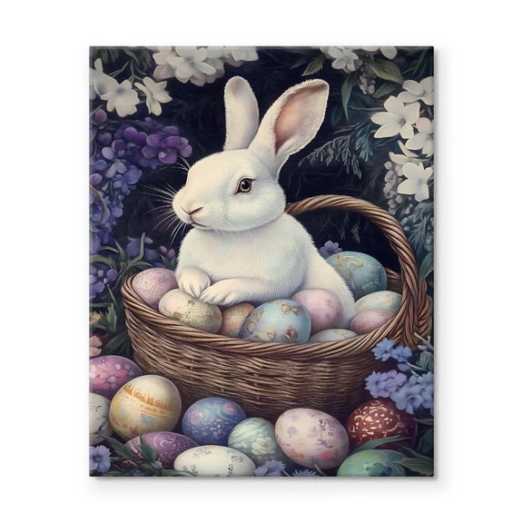 P&L Art Framed Canvas Wall Art - 16"x20" Sweet White Bunny in Easter Egg Basket with Florals Print - Living Room Spring Accent Decor