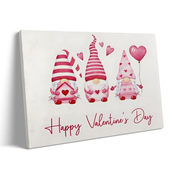 P&L Art Framed Canvas Wall Art - 20"x16" Whimsical Valentine Gnome "Happy Valentine's Day" Pink Heart Wall Art