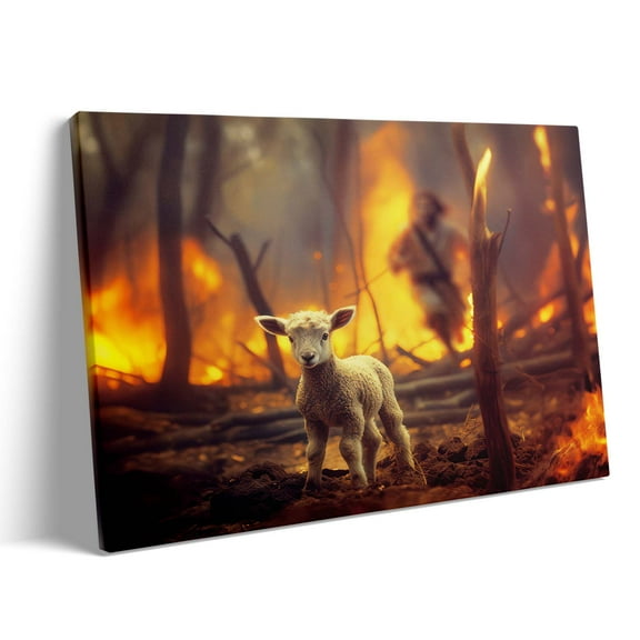 P&L Art Framed Canvas Wall Art - 24"x20" Jesus and Lamb Canvas Wall Art - Jesus Running After Lost Lamb in Fiery Forest Picture Wall Art Canvas Print Christian Entryway Decor