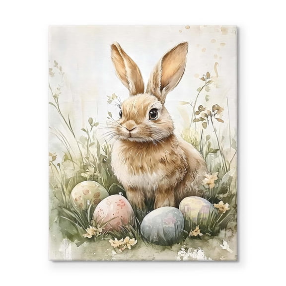 P&L Art Framed Canvas Wall Art - 24"x30" Large Brown Bunny with Pastel Easter Eggs Print - Statement Living Room Spring Wall Art