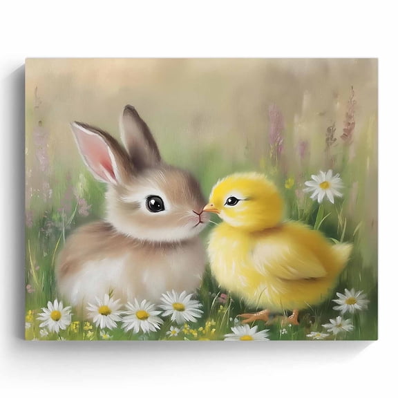 P&L Art Framed Canvas Wall Art - 24"x30" Large Bunny & Yellow Chick (Daisy Meadow) - Statement Living Room Spring Wall Art