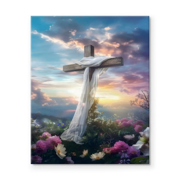 P&L Art Framed Canvas Wall Art - 24"x30" Large Resurrection Cross with White Cloth & Sunset Flower Print - Statement Christian Living Room Decor