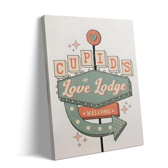 P&L Art Framed Canvas Wall Art - 30"x24" Large Retro Valentine Cupid's Love Lodge Welcome Sign Framed Canvas Art