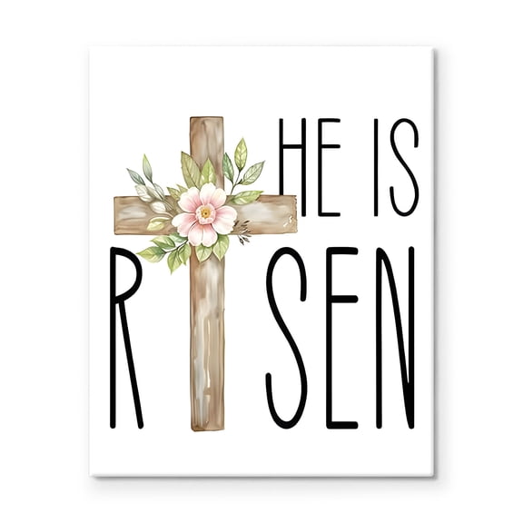 P&L Art Framed Canvas Wall Art - 8"x10" "HE IS RISEN" Wooden Cross with Flower Print - Christian Nook/Tabletop Easter Decor