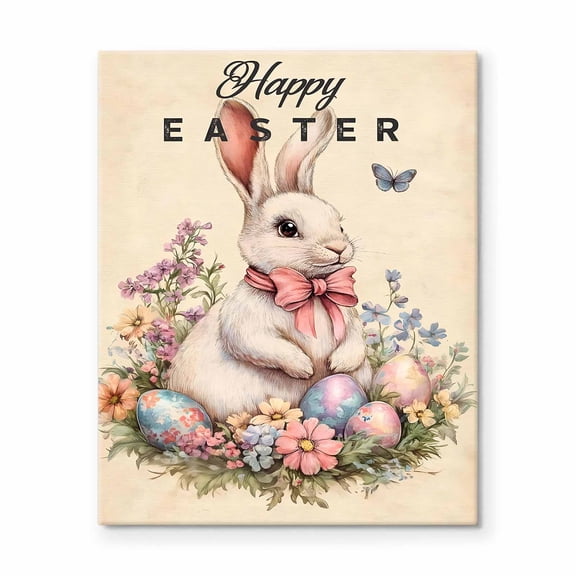 P&L Art Framed Canvas Wall Art - 8"x10" "Happy Easter" White Bunny (Pink Bow) with Flowers & Eggs Print - Adorable Spring Nook/Tabletop Decor
