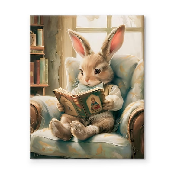 P&L Art Framed Canvas Wall Art - 8"x10" Reading Bunny in Cozy Chair (Sunlit Vibe) - Charming Nook & Tabletop Decor