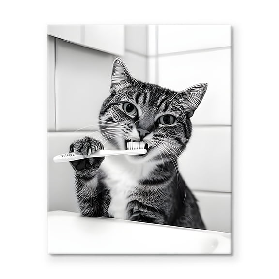 P&L Art Framed Canvas Wall Art - 8"x10" Whimsical Cat Brushing Teeth Black & White Print - Cute Bathroom Nook Decor