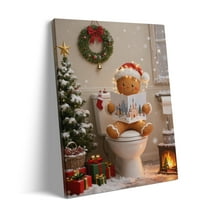 P&L Art Gingerbread Man Christmas Bathroom Canvas Wall Art, Festive Decor with Santa Hat & Lights, Framed Canvas Print