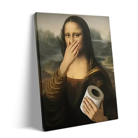 P&L Art Humorous Mona Lisa Bathroom Meme Canvas Print - Waterproof Art Deco Classic Retro Style People Theme - Funny Home Art for Bathroom, Living Room & More - Perfect Gift and Decoration