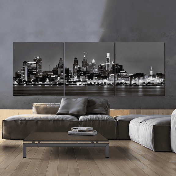P&L Art. Philadelphia Skyline on Canvas, B&W Wall Art, Philadelphia Print, Philadelphia art, Philadelphia Photo, Philadelphia Canvas, Panoramic (24X24 inch, 3PCS)