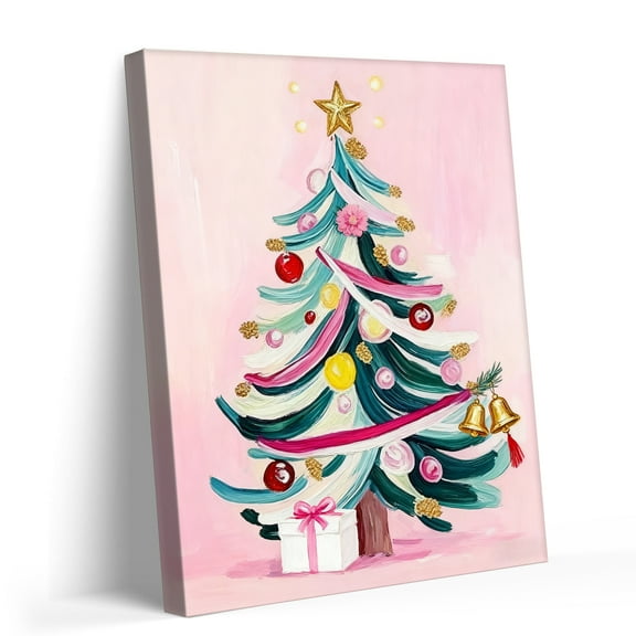 P&L Art Pink Brushstroke Christmas Tree Canvas Wall Art, Modern Holiday Decor with Gold Accents, Framed Canvas Print