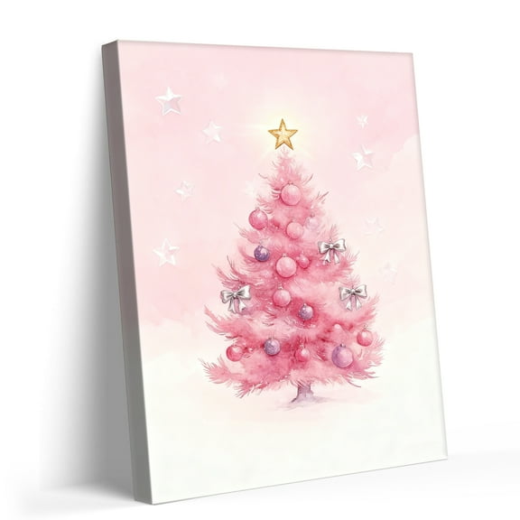 P&L Art Pink Watercolor Christmas Tree Canvas Wall Art, Pastel Holiday Decor with Golden Star, Framed Canvas Print