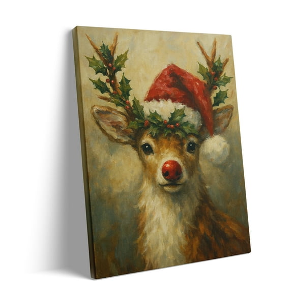 P&L Art Red-Nosed Reindeer Canvas Wall Art, Classic Christmas Decor with Santa Hat & Holly, Framed Canvas Print
