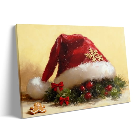P&L Art Santa Hat Christmas Canvas Wall Art, Festive Decor with Gingerbread Man & Holly, Framed Canvas Print