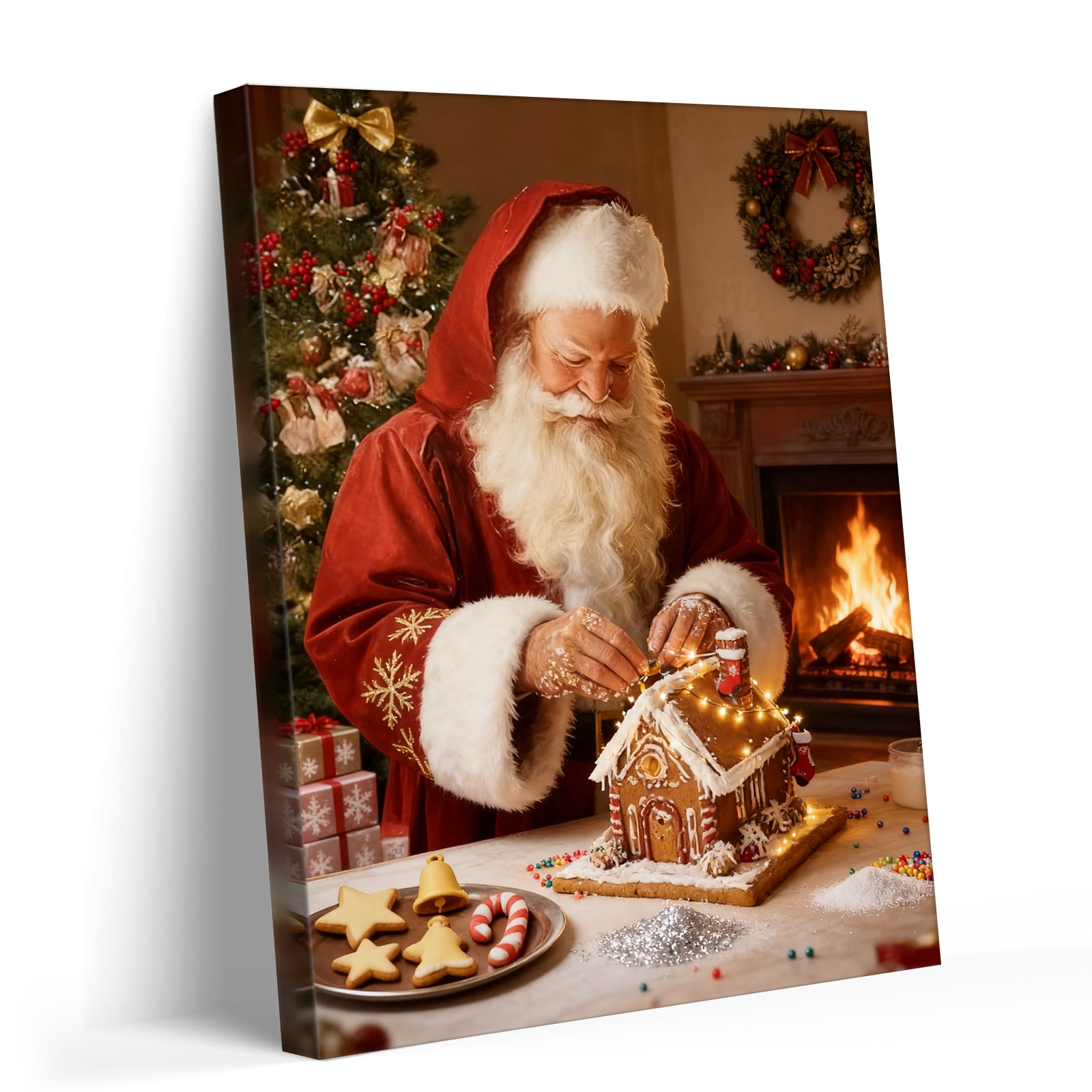 Santa Making Compition P&L Art Santa Making Gingerbread House Canvas Wall Art, Festive Holiday ...