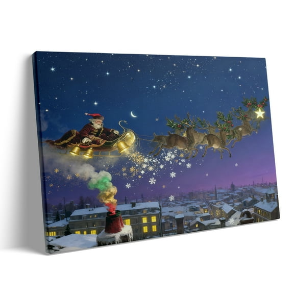 P&L Art Santa’s Sleigh Christmas Canvas Wall Art, Magical Night Sky Holiday Decor, Framed Canvas Print