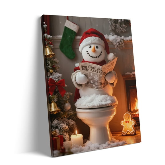 P&L Art Snowman Christmas Bathroom Canvas Wall Art, Festive Decor with Santa Hat & Newspaper, Framed Canvas Print