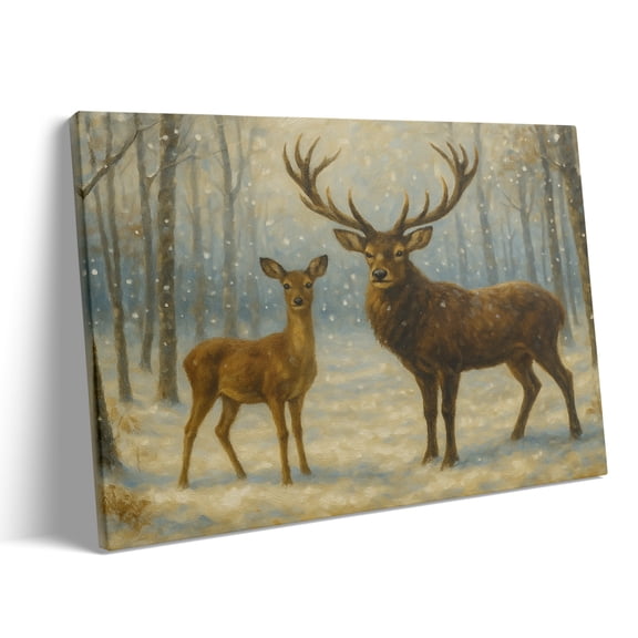 P&L Art Snowy Forest Deer Canvas Wall Art, Winter Wildlife Holiday Decor with Stag & Fawn, Framed Canvas Print