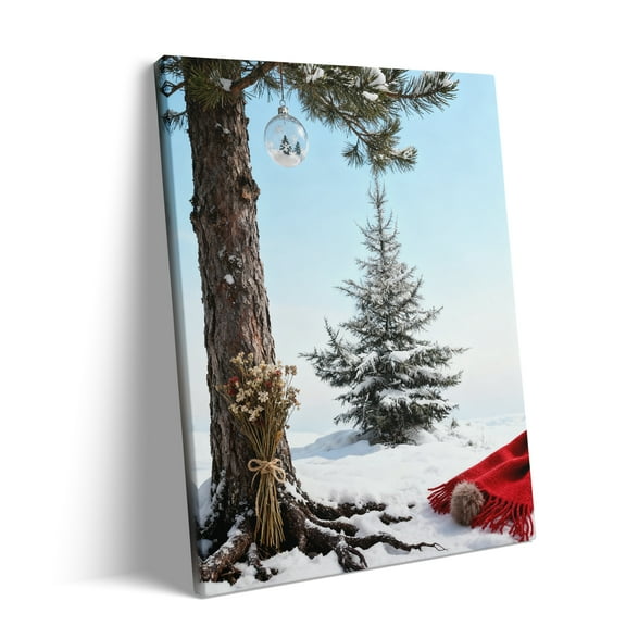P&L Art Snowy Pine Tree Christmas Canvas Wall Art, Rustic Holiday Decor with Ornament & Red Scarf, Framed Canvas Print