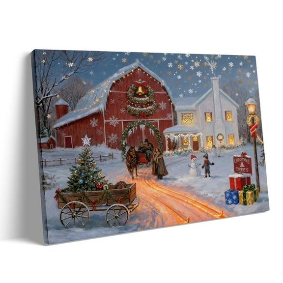 P&L Art Vintage Christmas Farm Canvas Wall Art, Festive Holiday Decor with Red Barn, Sleigh & Snowman, Framed Canvas Print