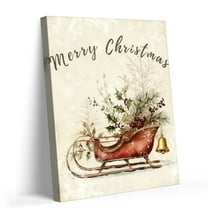 P&L Art Vintage Christmas Sleigh Canvas Wall Art, Watercolor Holiday Decor with "Merry Christmas" Text & Golden Bell, Framed Canvas Print