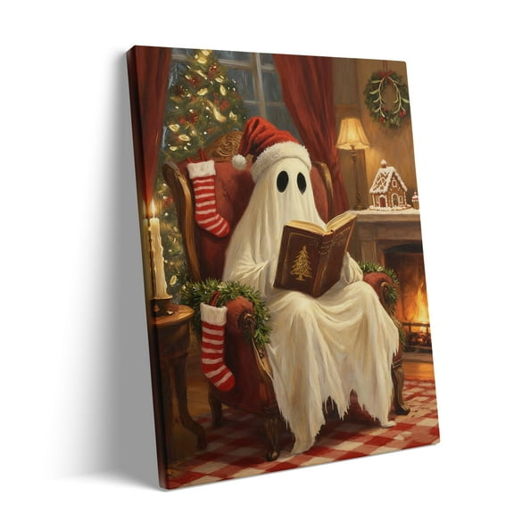P&L Art Whimsical Christmas Ghost Canvas Wall Art, Cozy Holiday Home Decor, Framed Canvas Print