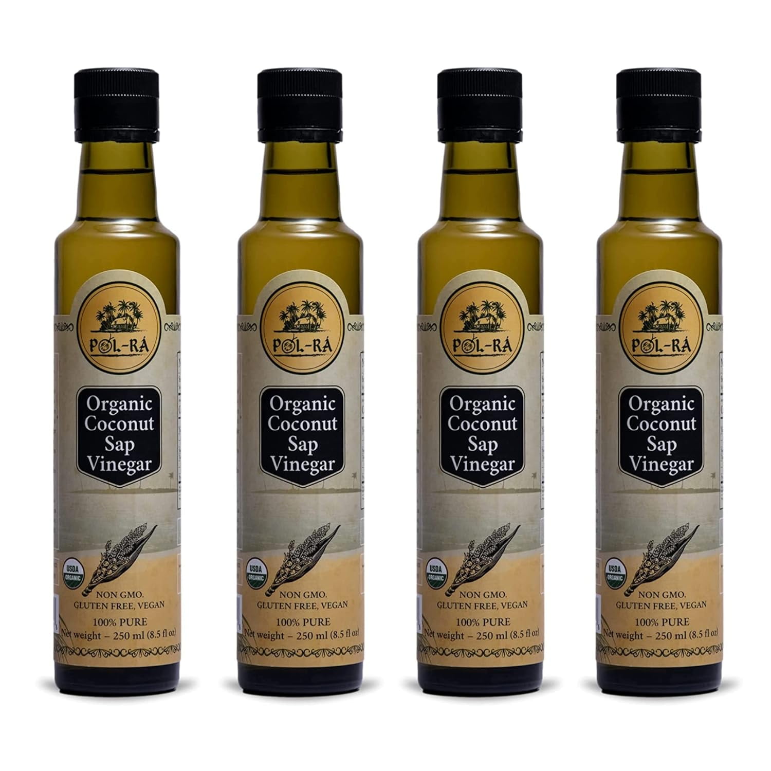 P L-RA Organic 100% Natural Coconut Sap Vinegar - Sodium Free - Vegan, Paleo & Keto - Low Glycemic - Marinade Substitute - Gluten Free - Soy Free - Kosher - 8.5 oz (50 Servings) - Pack of 4