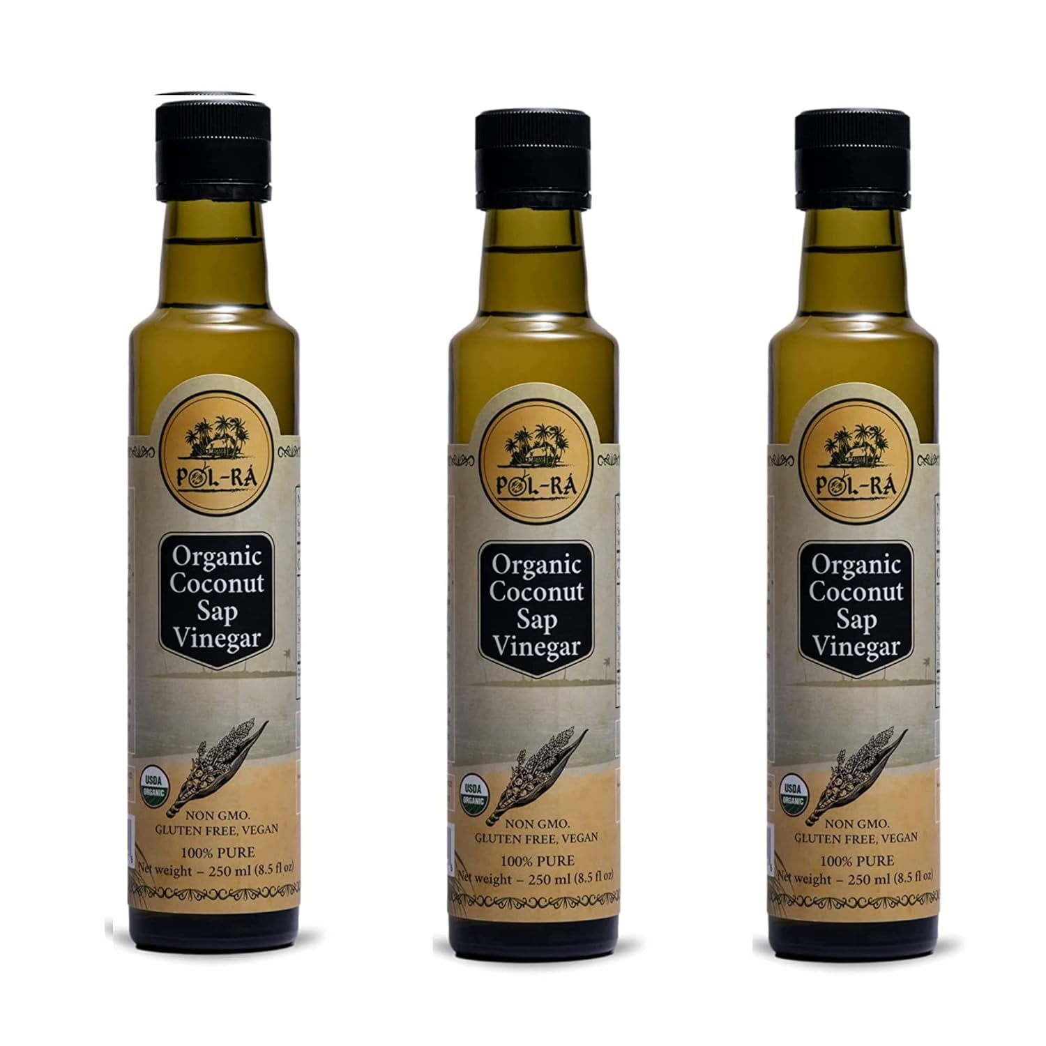 P L-RA Organic 100% Natural Coconut Sap Vinegar - Sodium Free - Vegan, Paleo & Keto - Low Glycemic - Marinade Substitute - Gluten Free - Soy Free - Kosher - 8.5 oz (50 Servings) - Pack of 3