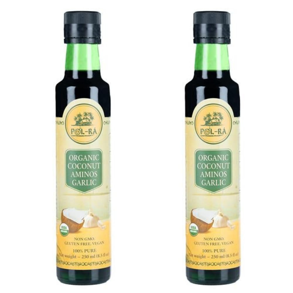 P L-RA Organic Coconut Aminos Garlic 8.5fl Oz - Sweet & Sour Garlic Sauce, Tangy - Substitute For Soy Sauce - Low Sodium -Vegan, Gluten-Free, Non-GMO, Kosher Marinade - Pack Of 2 X 8.5fl Oz