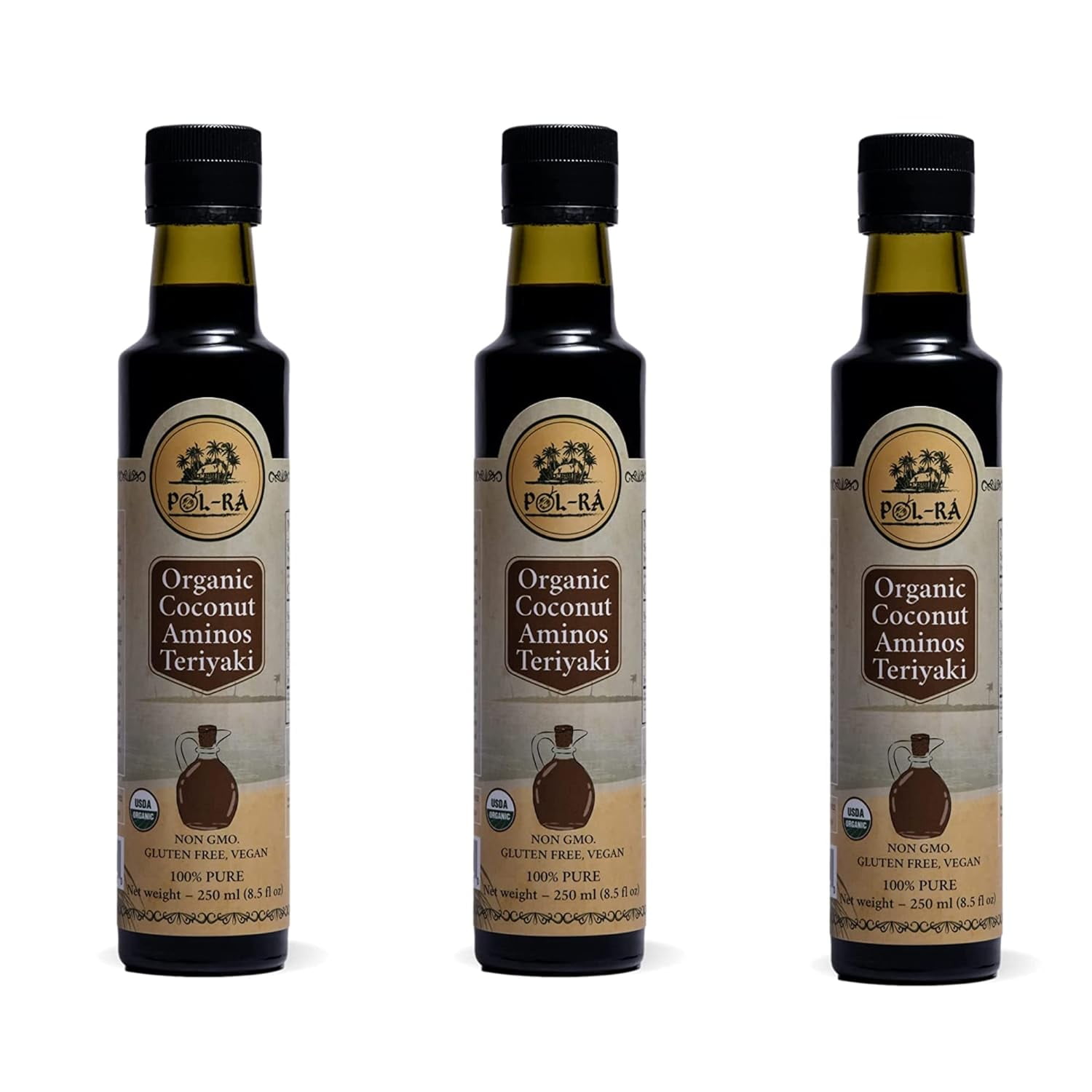 P L-RA  Organic Coconut Aminos Sauce Teriyaki - Soy Sauce Alternative - Vegan, Paleo & Keto - Soy Free - Low Glycemic, Low Sodium - Marinade Substitute - Gluten Free - Kosher - 8.5 oz - Pack of 3