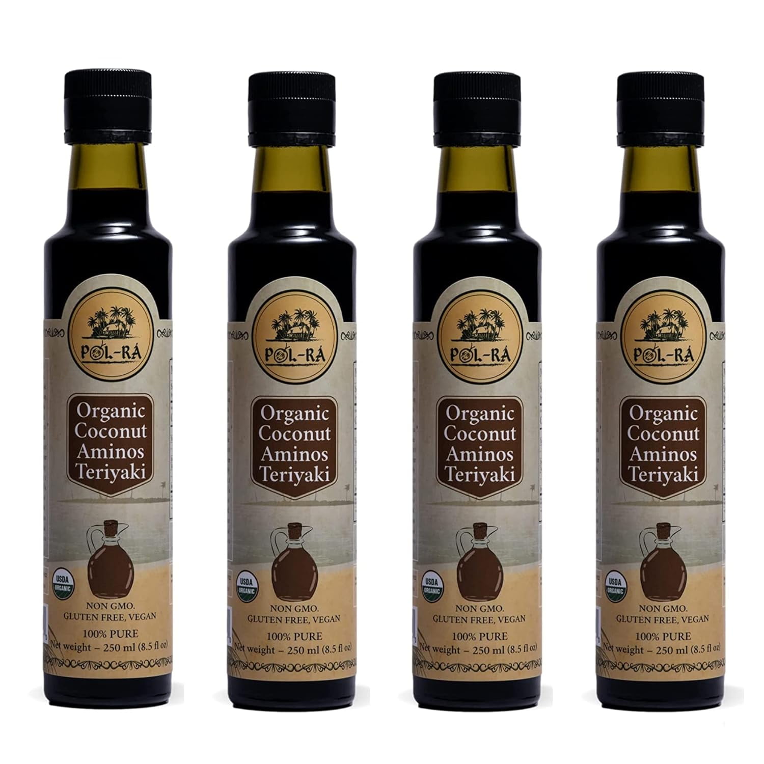P L-RA  Organic Coconut Aminos Sauce Teriyaki - Soy Sauce Alternative - Vegan, Paleo & Keto - Soy Free - Low Glycemic, Low Sodium - Marinade Substitute - Gluten Free - Kosher - 8.5 oz - Pack of 4